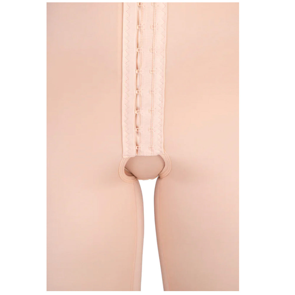 Close-up of Lipoelastic VF body BBO Variant nude compression garment with hygienic crotch opening and hook-and-eye front closure.