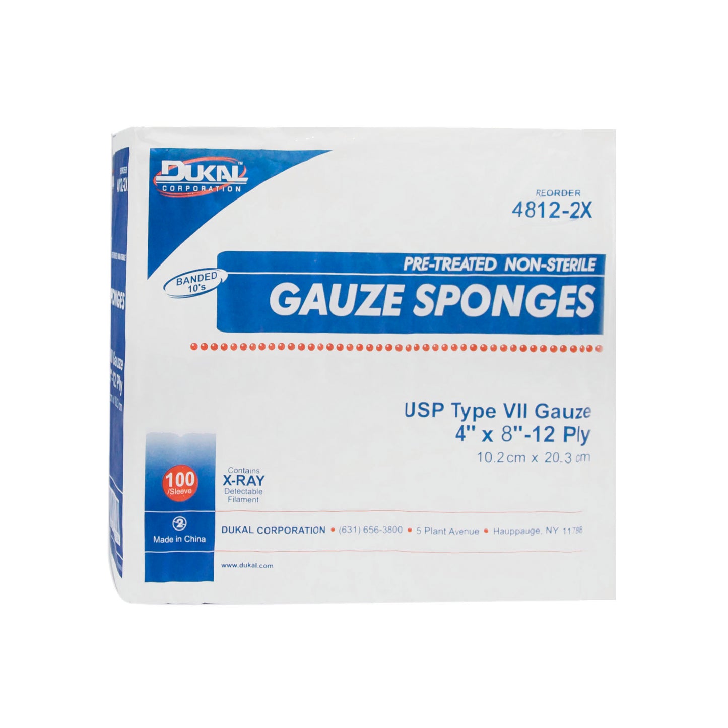 Non-Sterile, Gauze, X-Ray Detectable, 8" x 4", 12-ply