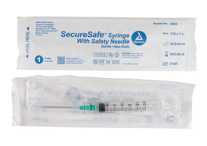 SecureSafe Syringe with Safety Needle - 3cc - 21G, 1.5" needle