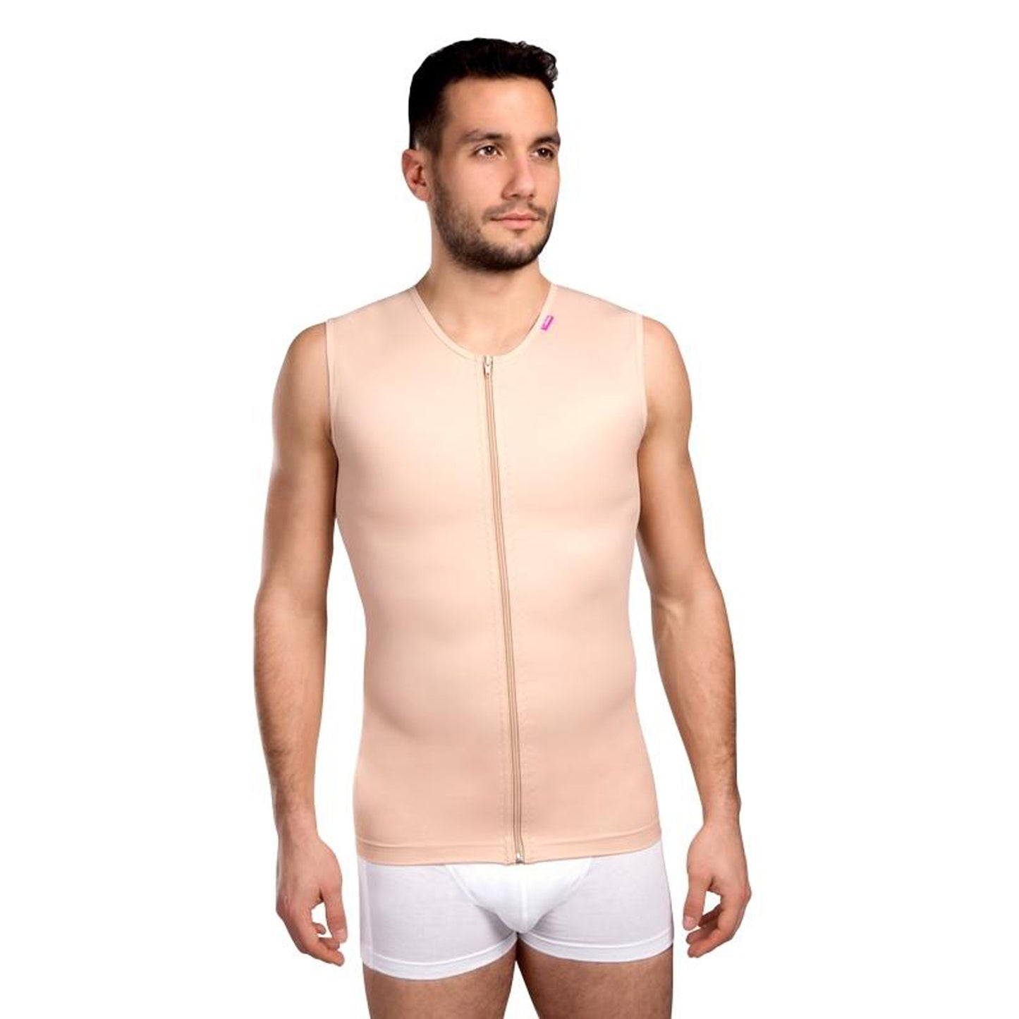 Man modeling Lipoelastic MTmL Comfort beige compression vest, angled front view