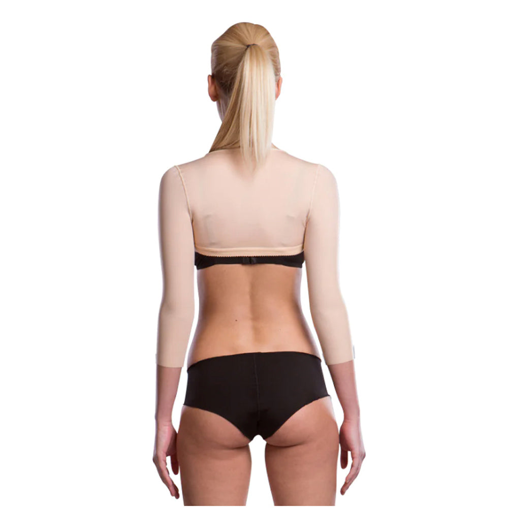 Back view of woman wearing Lipoelastic AP Variant bolero with three-quarter sleeves