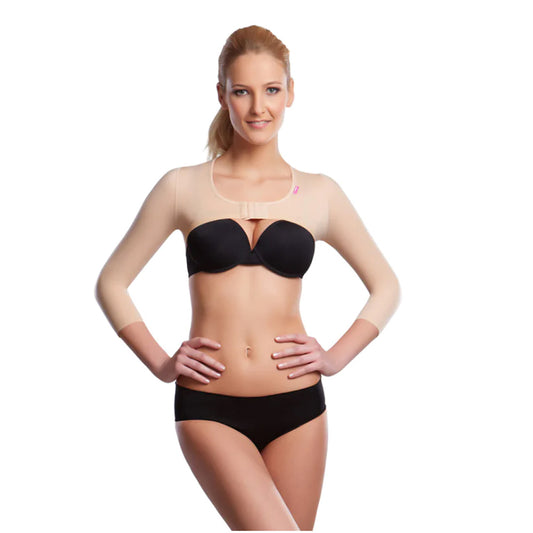Front view of woman wearing Lipoelastic AP Variant arm compression garment