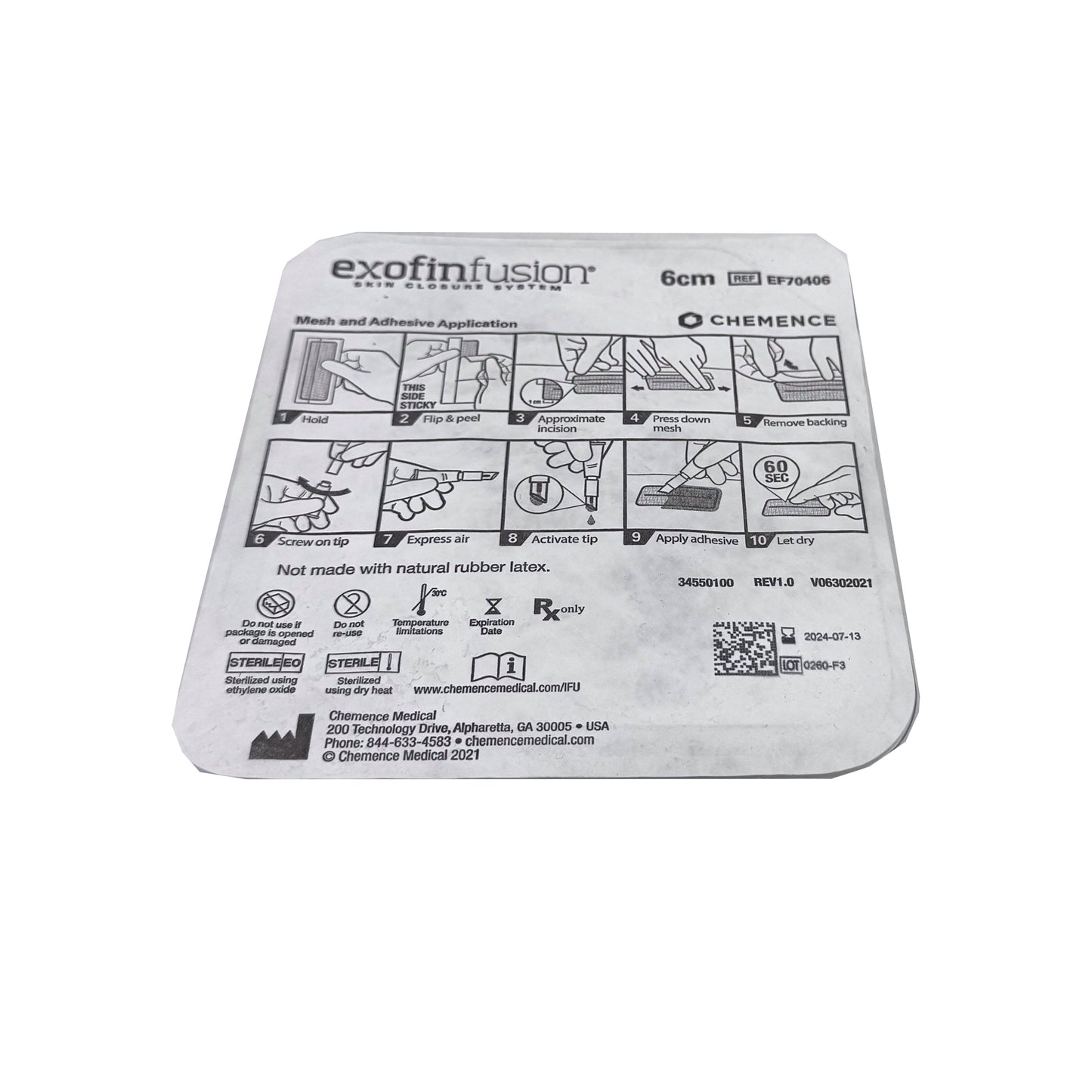 Back of Exofin Fusion Skin Closure System 6 cm package – product information, usage instructions, and regulatory labeling