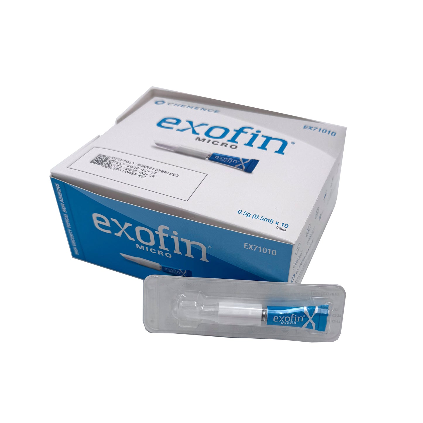 Exofin Micro 0.5 mL High Viscosity Tissue Adhesive – front of box with one precision applicator tube displayed