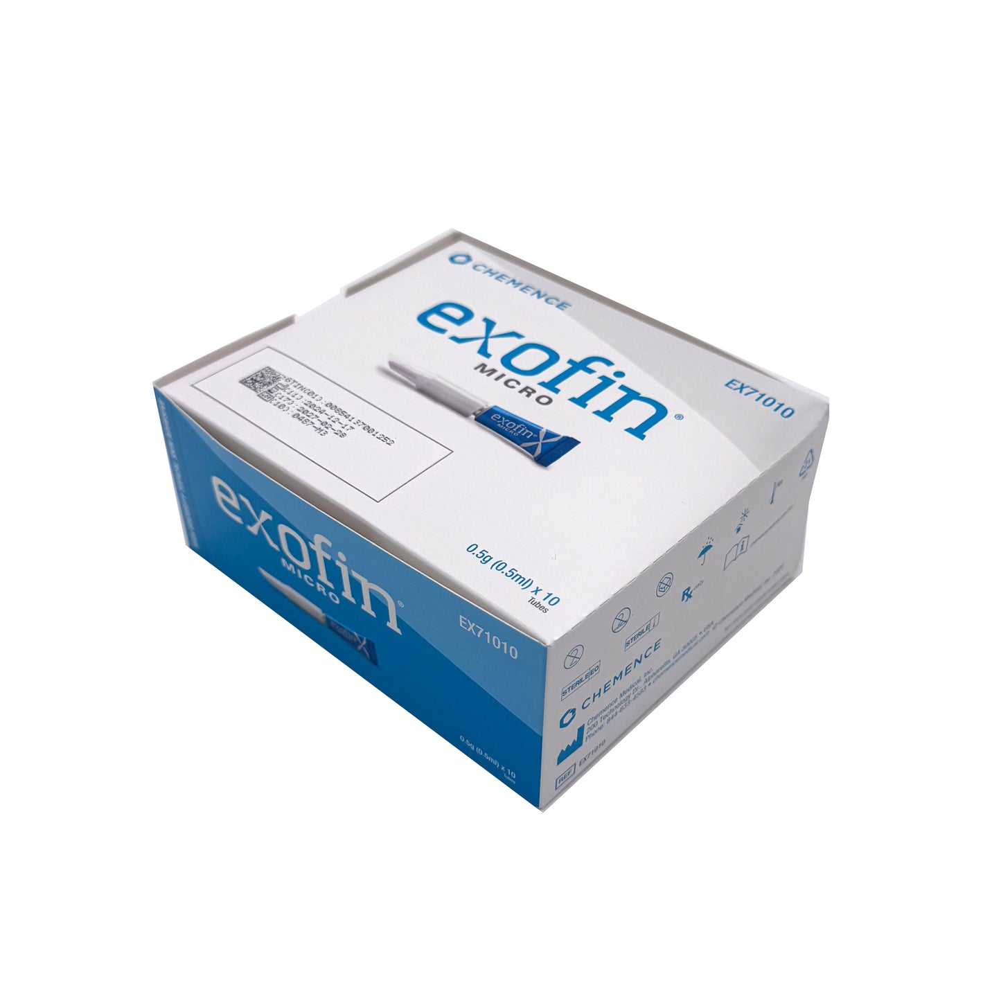 Front of Exofin Micro High Viscosity Tissue Adhesive box – 0.5 mL precision applicator packaging for medical use