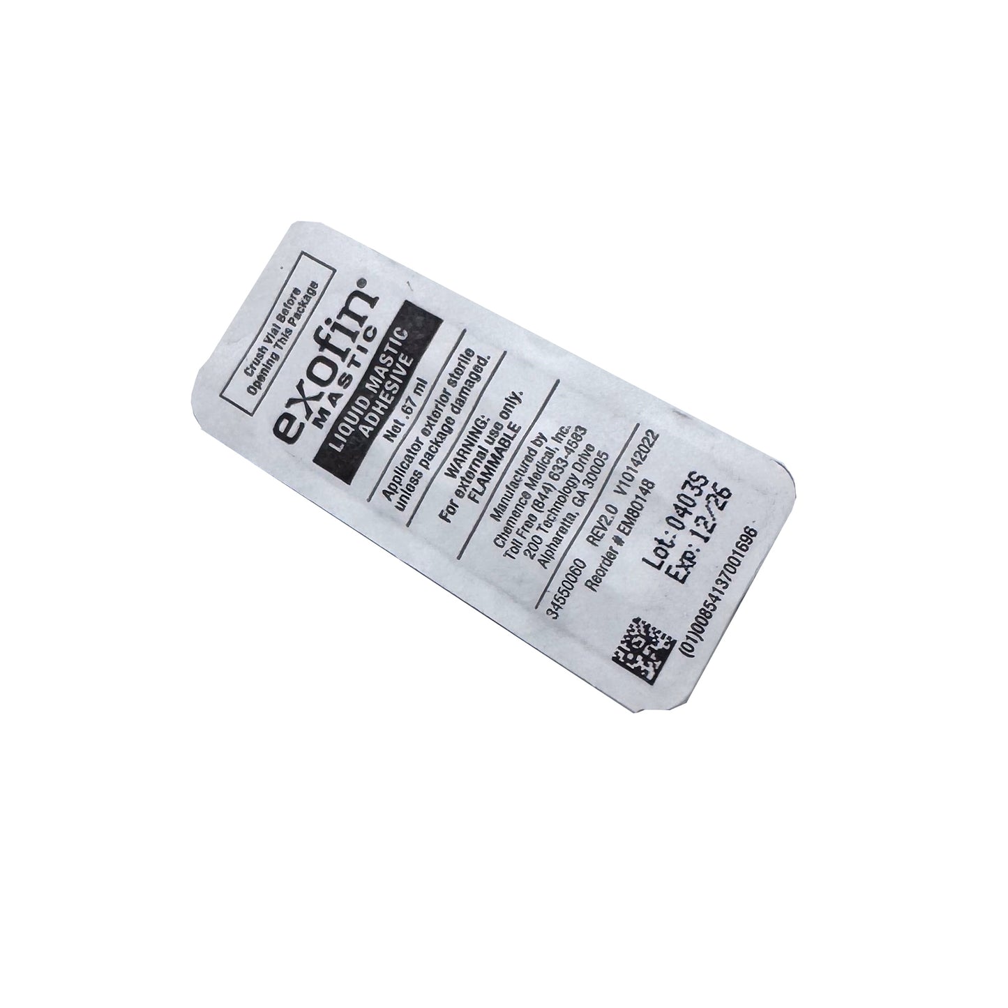 Back of Exofin Mastic single ampoule packaging – ingredient list and application instructions