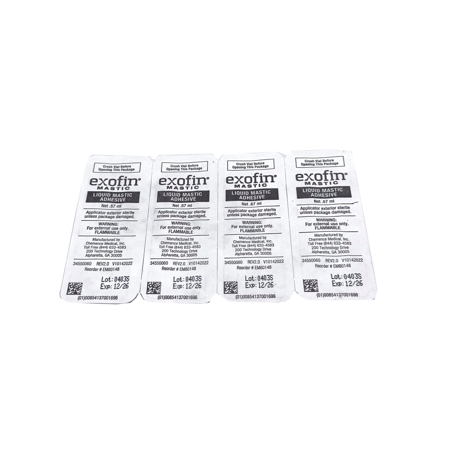 Back of Exofin Mastic 4-pack packaging – product details and usage instructions for .67 mL ampoules