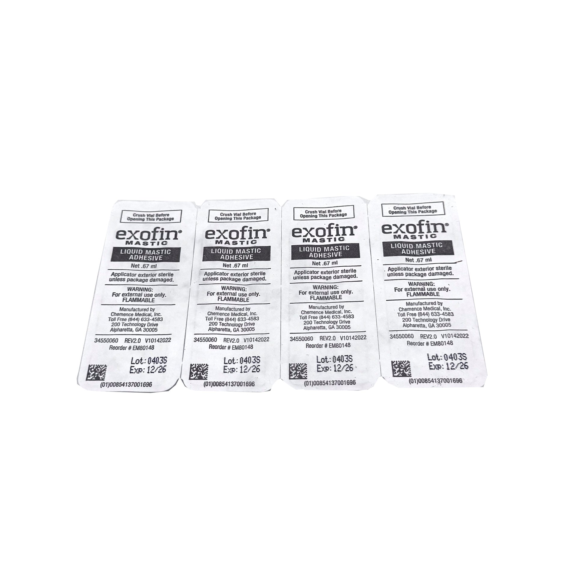 Back of Exofin Mastic 4-pack packaging – product details and usage instructions for .67 mL ampoules