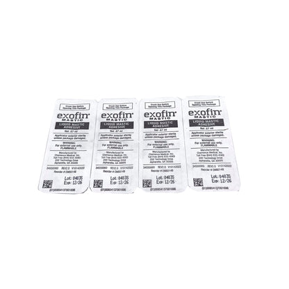 Back of Exofin Mastic 4-pack packaging – product details and usage instructions for .67 mL ampoules