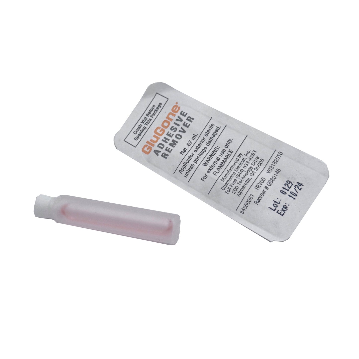 GluGone Adhesive Remover – single .67 mL ampoule displayed next to individual sterile package