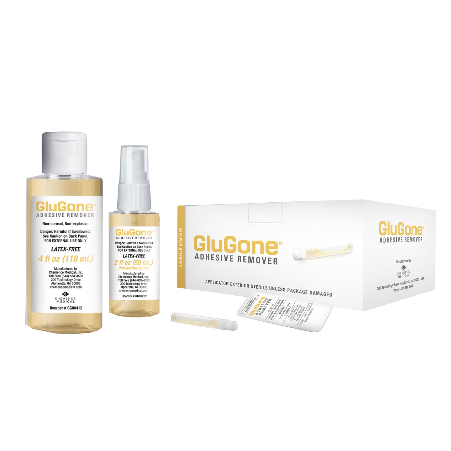 GluGone Adhesive Remover – Full product line including 4 oz bottle, 2 oz spray, ampules, and multipacks