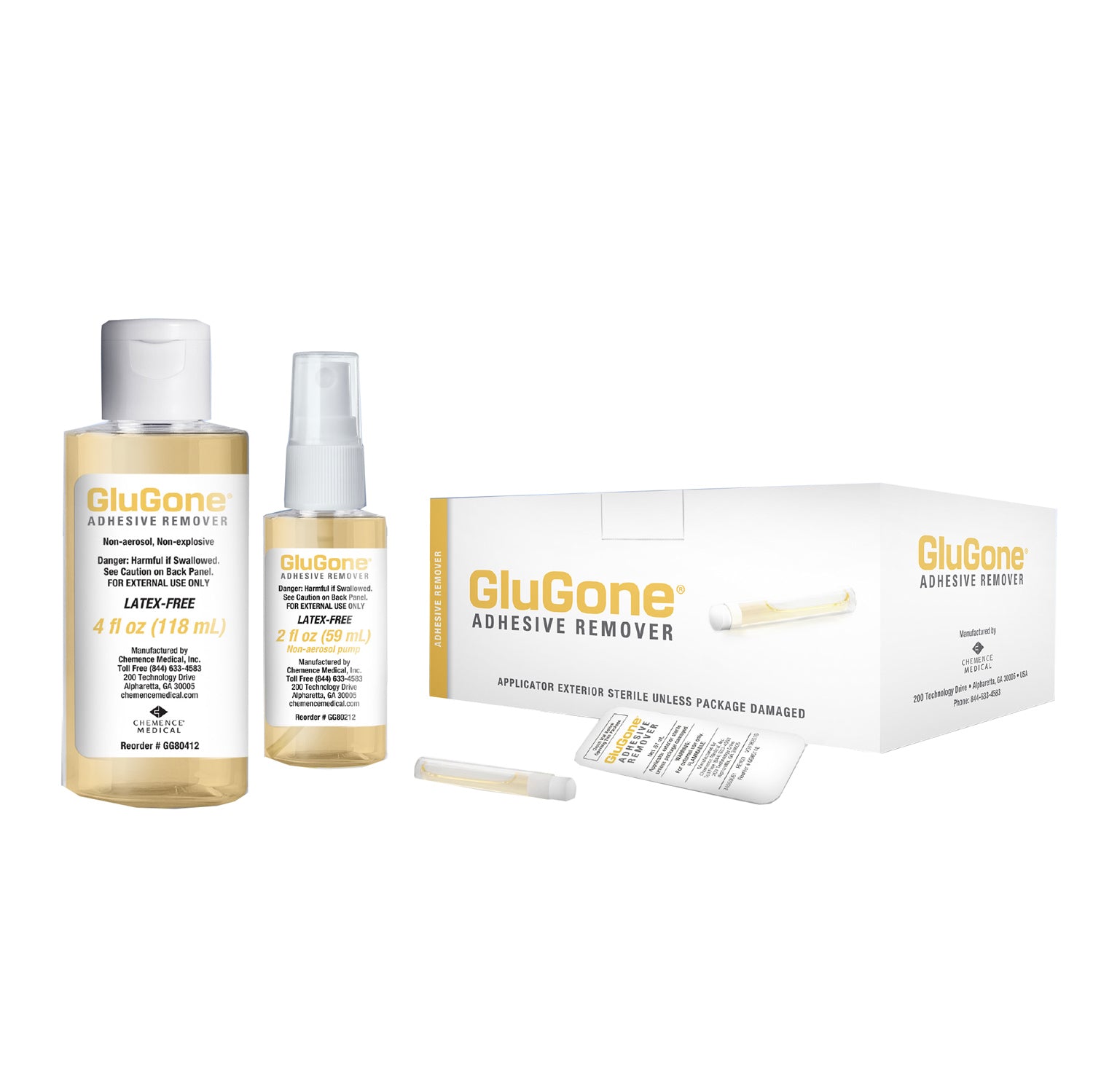 GluGone Adhesive Remover – Full product line including 4 oz bottle, 2 oz spray, ampules, and multipacks