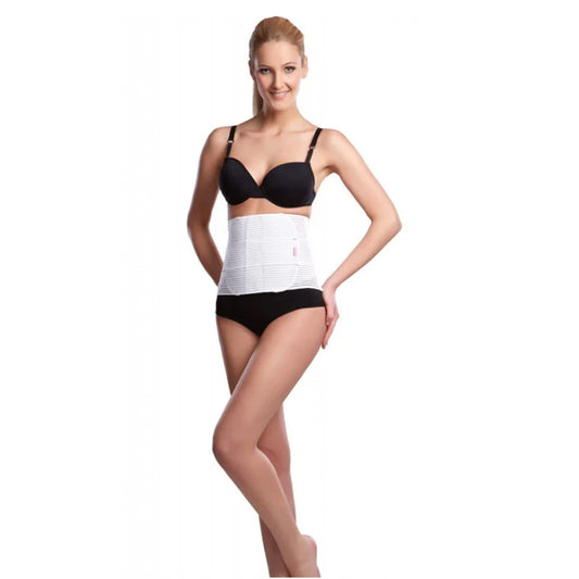 Front angled view of Lipoelastic KP Special white abdominal binder with separated Velcro panels for post-surgery tummy tuck support.