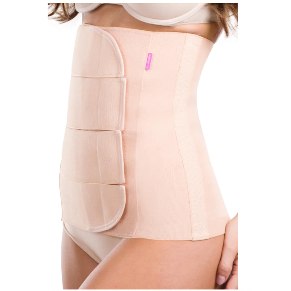 Side view of Lipoelastic KPlus nude adjustable abdominal binder with multi-panel Velcro closure for liposuction recovery support.