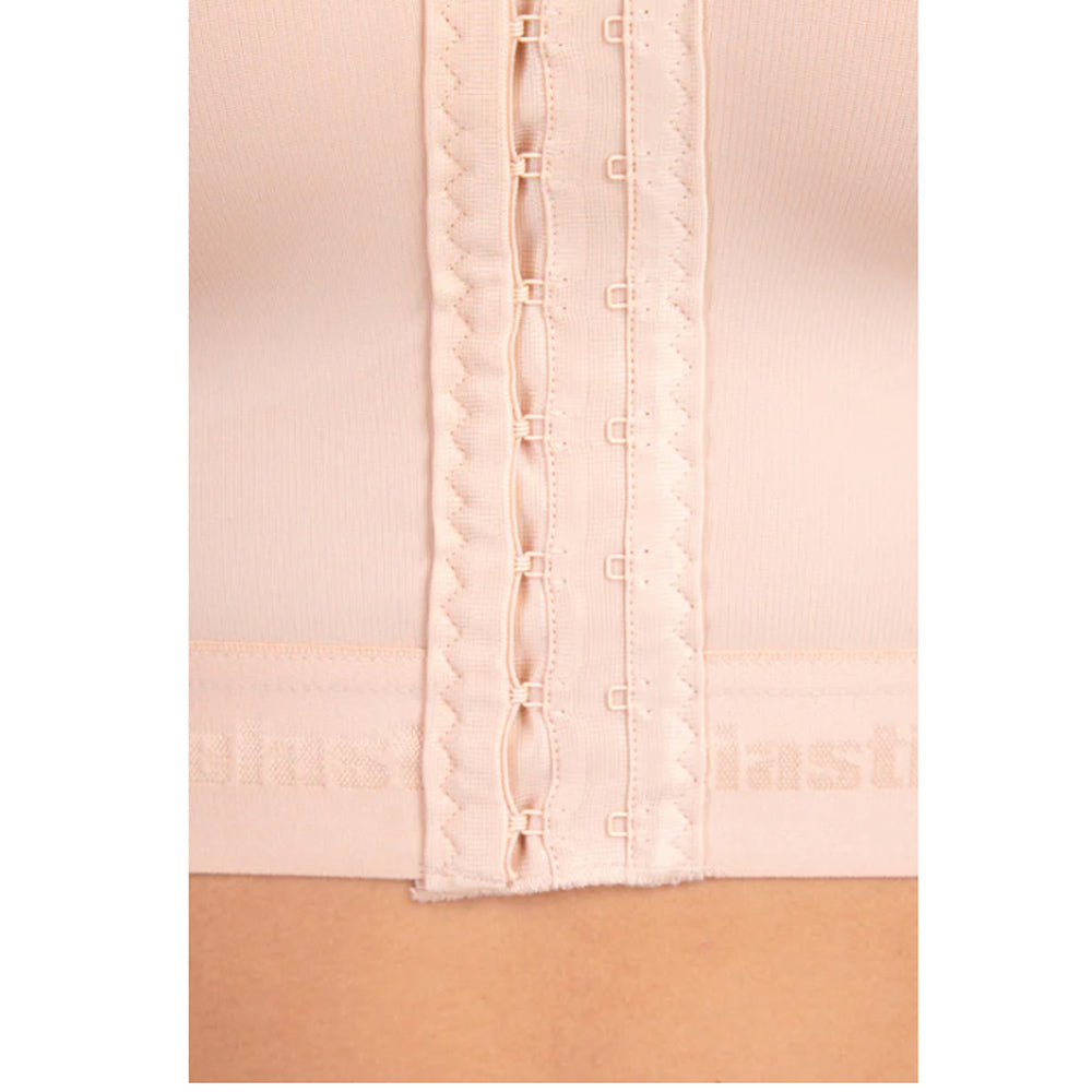 Close-up of front hook-and-eye closure on Lipoelastic MT Smooth Variant compression garment