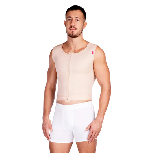 Front view of man wearing Lipoelastic MTm Comfort men’s post-surgery compression vest in beige