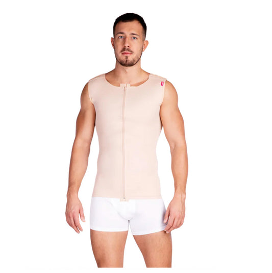 Man wearing Lipoelastic MTmL Comfort men’s extended compression vest in beige, front view