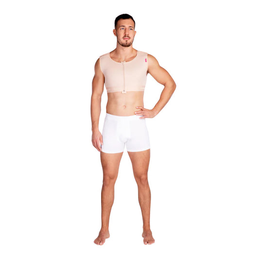 Man wearing beige Lipoelastic MTmS Comfort short post-surgical compression vest – full body front view