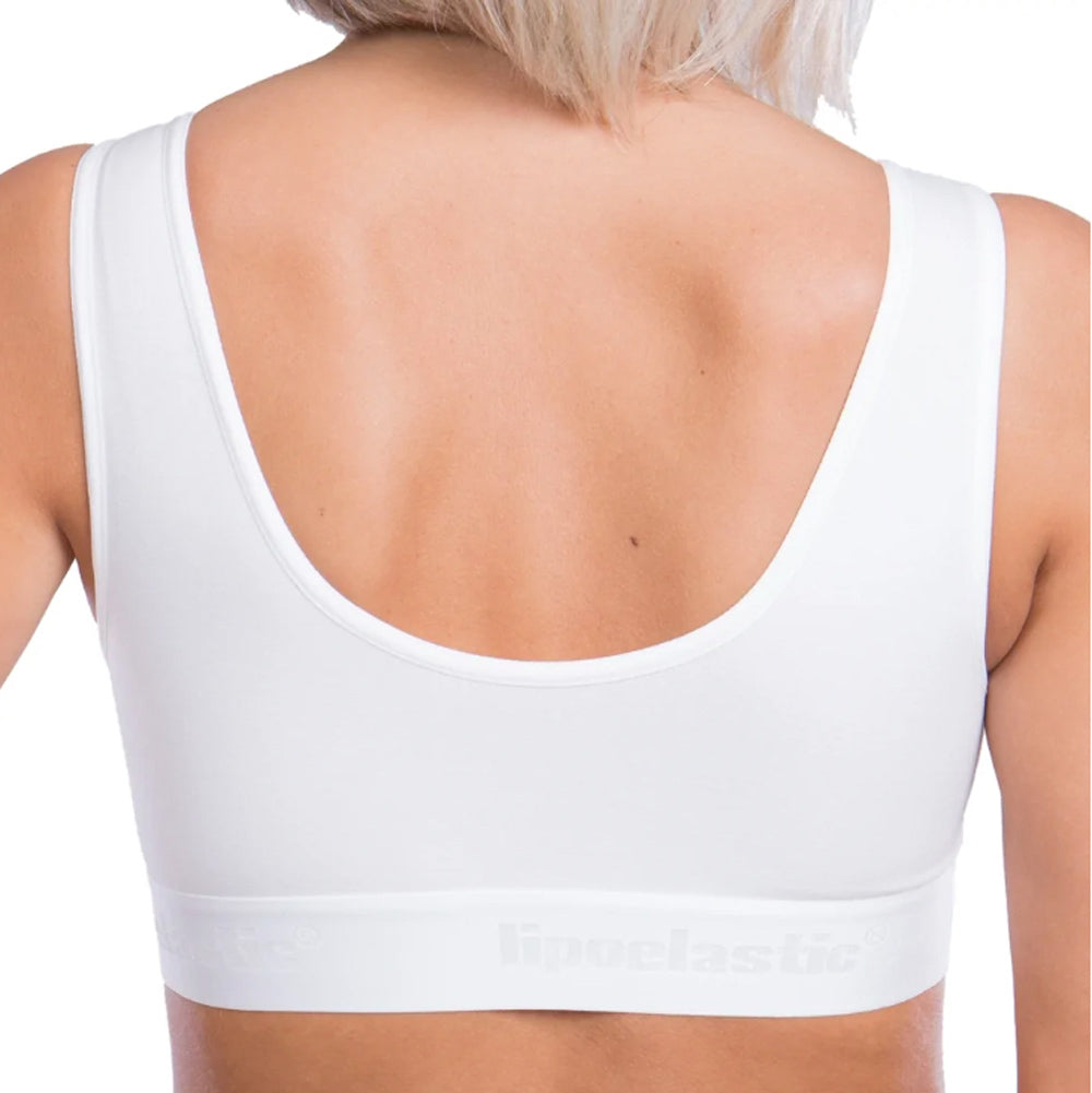 Back view of LIPOELASTIC PI Special white post-surgical bra with wide straps