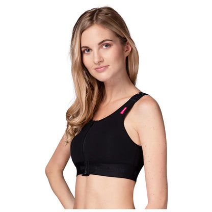 Woman wearing LIPOELASTIC PI Special black post-operative compression bra