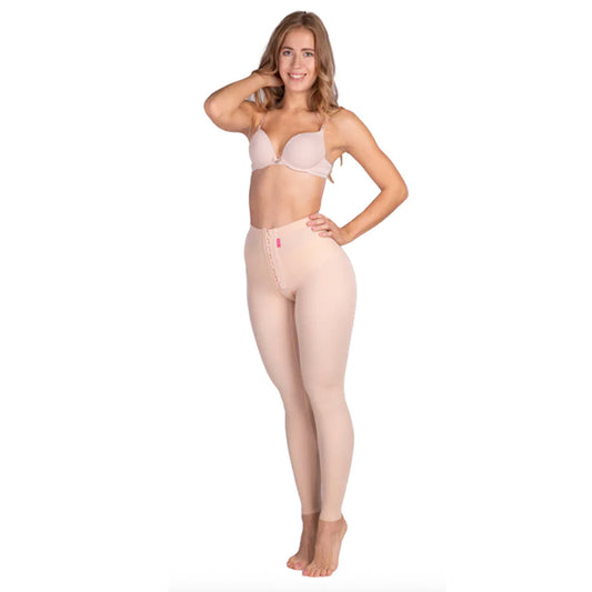 Front angled view of Lipoelastic TB Variant nude full-length post-op compression pants for liposuction recovery.