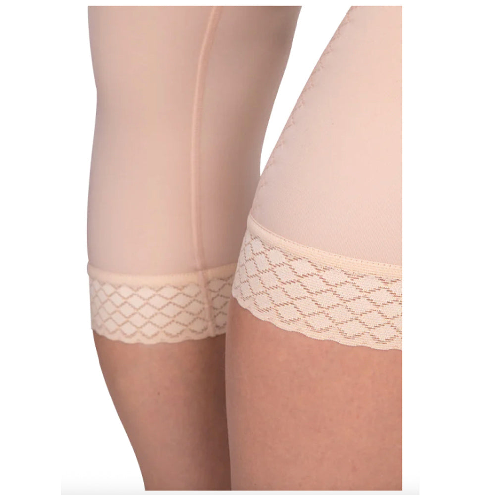 Close-up of Lipoelastic TD Variant nude compression garment with lace hem below the knee to prevent rolling.