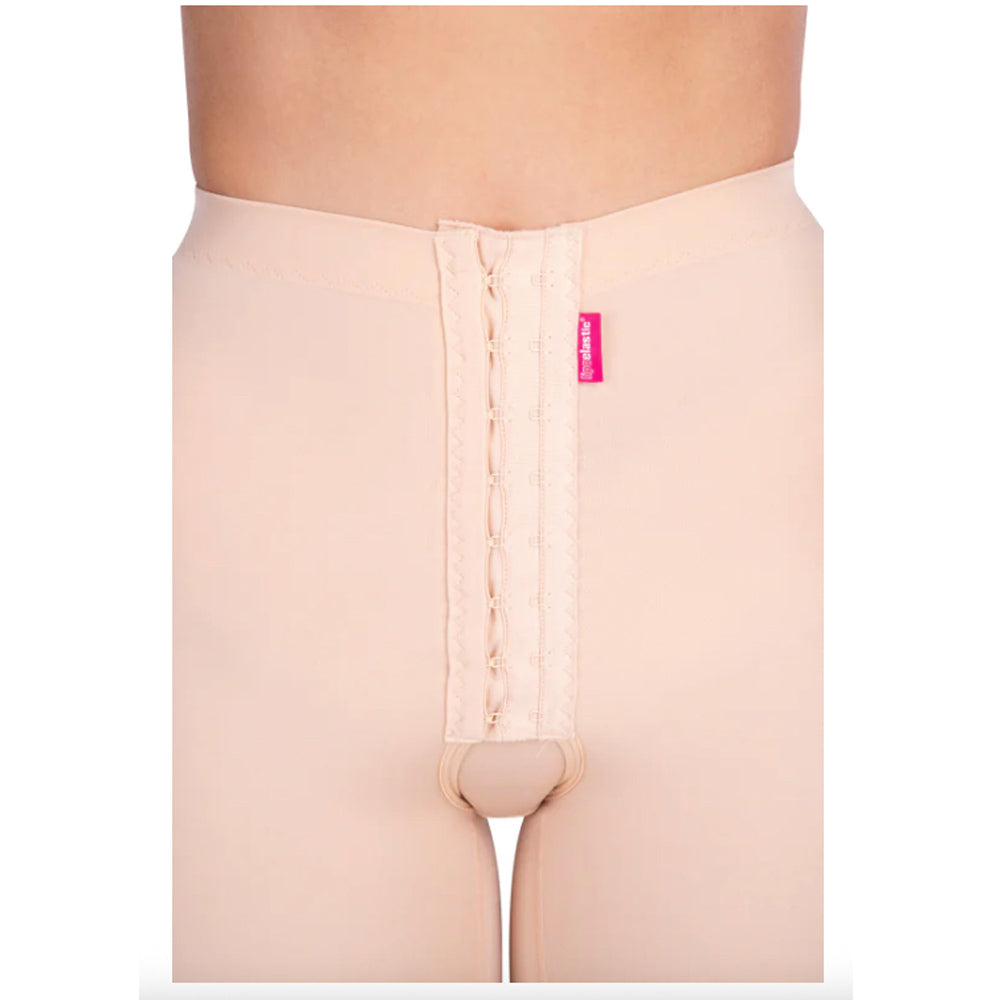 Close-up of Lipoelastic TD Variant nude ¾ pants with front hook-and-eye fastening and hygienic crotch opening.