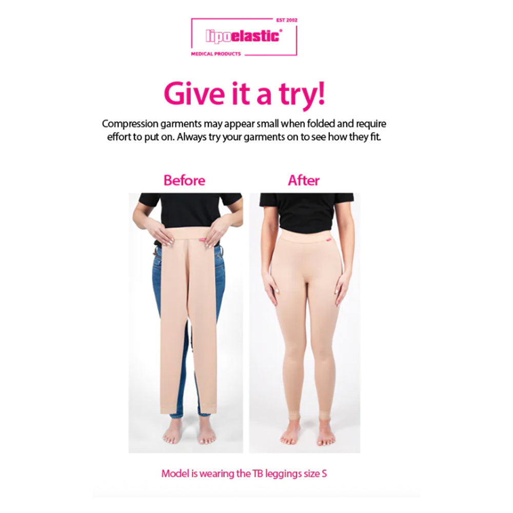 Lipoelastic compression garment try-on comparison showing before and after fit demonstration.