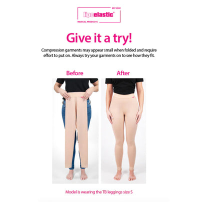 Lipoelastic compression garment try-on comparison showing before and after fit demonstration.