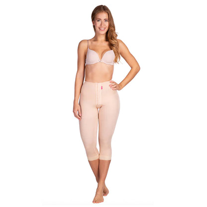 Front view of Lipoelastic TD Variant nude ¾ pants post-op compression garment with hook-and-eye closure for liposuction recovery.