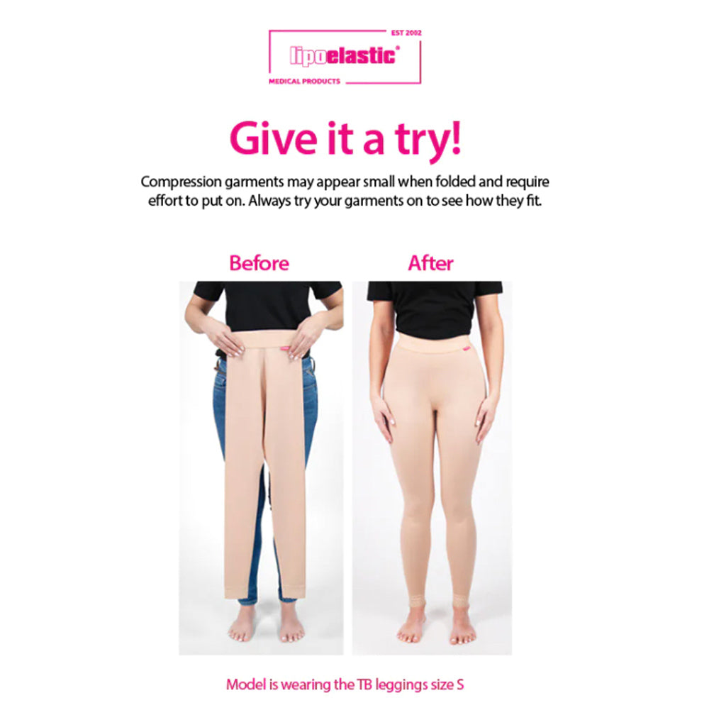 Lipoelastic compression garment before and after try-on comparison showing fit when worn.