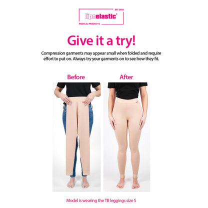 Lipoelastic compression garment before and after try-on comparison showing fit when worn.