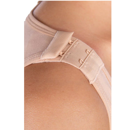 Close-up of Lipoelastic VF body BBO Variant adjustable nude shoulder strap with hook-and-eye fastening for customizable compression fit.