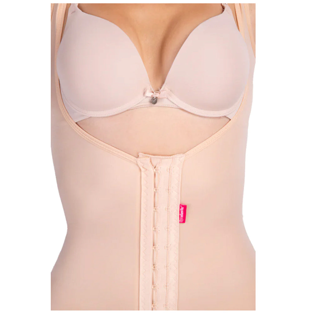 Front view of Lipoelastic VF body BBO Variant nude compression garment with hook-and-eye closure under bust, designed for post-op BBL and tummy tuck recovery.