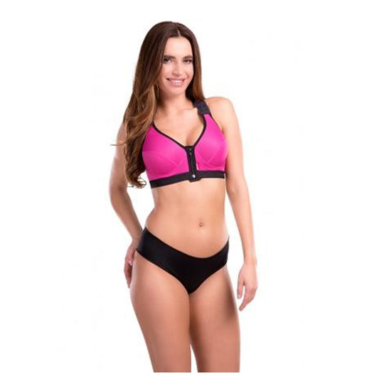 Woman wearing LIPOELASTIC PI Unique post surgery bra in pink and black, front view