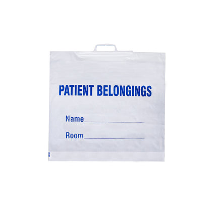 Patient Belonging Bag, white w/ blue print, plastic handle, 20" x 18.5" (+3.5"), 1.3 mil.