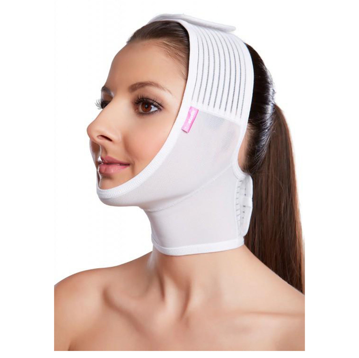 Woman wearing Lipoelastic FM Extra full face and neck compression garment after facelift surgery