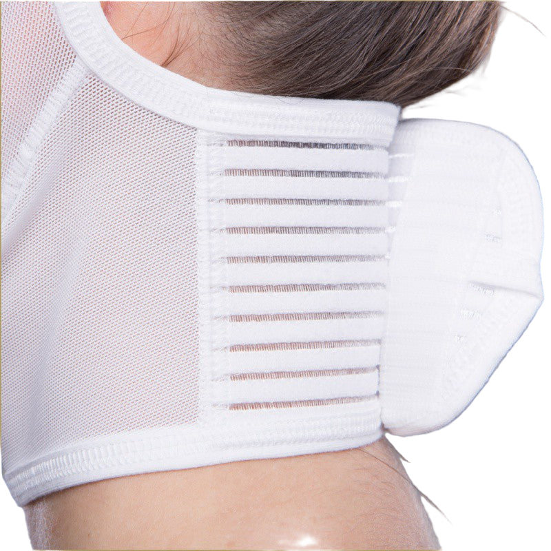 Close-up of Velcro fastening on FM Extra face and neck compression garment