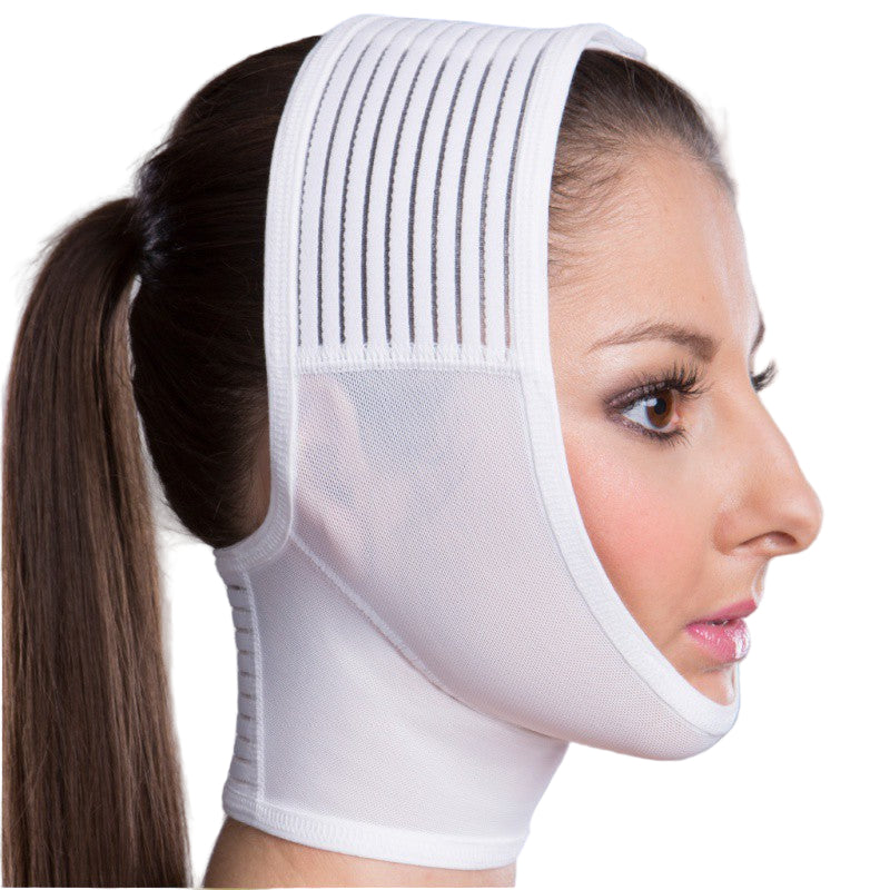 Profile view of woman in FM Extra facial compression garment for facelift and neck lift recovery