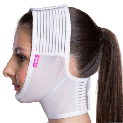 Side view of FM Extra compression garment for chin, neck, and lower face support
